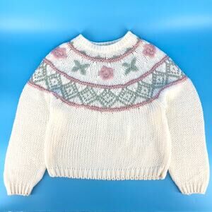 90s chunky knit sweater pastel floral design 1990s vintage